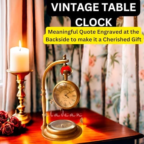ALADEAN Brass Table Clock with Compass | Romantic Desk Clock - Decorative Vintage Mechanical Clock Lovers Boyfriend/Husband Birthday/Wedding Gifts (Love You)
