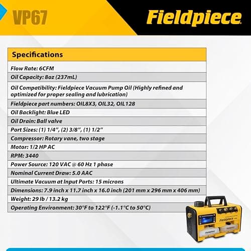 Fieldpiece VP67 Vacuum Pump – 6 CFM, 1/2 HP DC Motor, RunQuick Oil Change System – Portable - Professional HVAC Tool - A2L Compatible