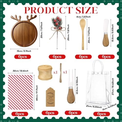 6 Set Christmas Kitchen Gifts Wood Cheese Board Fork Spoon Butter Spreaders Dish Cloth Thank You Card Ribbon and Gift Bags for Merry Christmas Cooking Serving Xmas Utensils Gifts (Reindeer)
