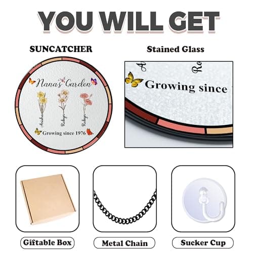 NAZENTI Personalized Mom's Garden Stained Glass Suncatcher with Birth Month Flowers, Custom Grandma's Garden Window Hanging Ornament, Mothers Day Grandma Mom Gifts, Gifts for Mommy, Mama