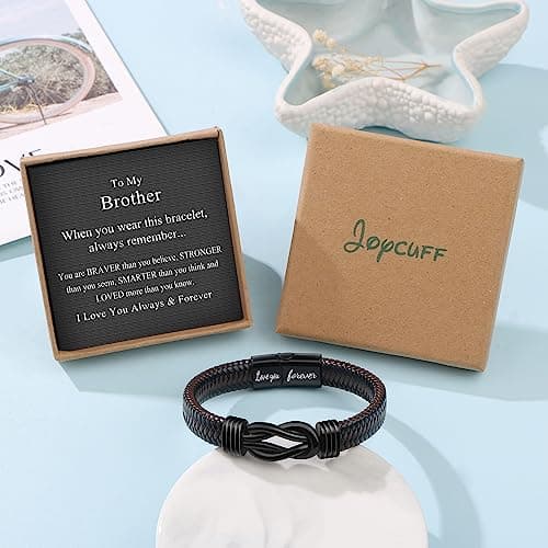𝗞𝗻𝗼𝘁 𝗕𝗿𝗮𝗰𝗲𝗹𝗲𝘁 𝗚𝗶𝗳𝘁𝘀 𝗳𝗼𝗿 𝗠𝗲𝗻 Brown Braided Leather Stainless Steel Infinity Bracelets Lettering Love You Forever Gifts for Son Grandson Husband Boyfriend Brother Always Linked Together