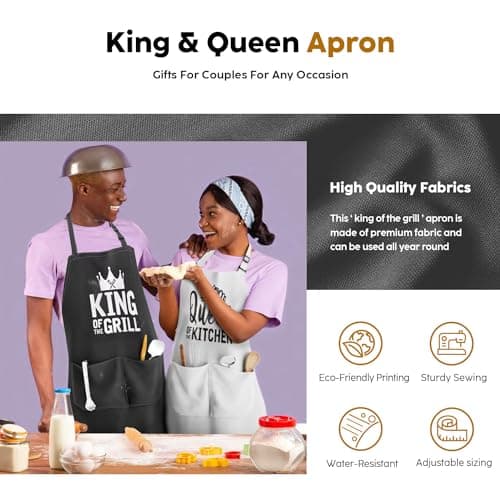 King & Queen Apron Set - Wedding Engagement Gifts for Couples, Funny Kitchen Gifts for Couples, Husband, Wife, Boyfriend, Girlfriend, Him Her, Bridal Shower Gifts, Unique Valentine's Day gifts ideas