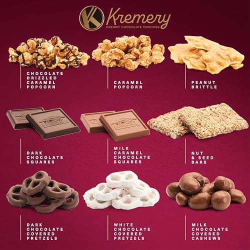 KREMERY Creamy Chocolate Cravings - Holiday Christmas Chocolate Covered Pretzels & Caramel Popcorn Gift Basket, in Seagrass Tray + Ribbon (Deluxe, 3.5 lbs) Xmas Treats Food Arrangement, Kosher