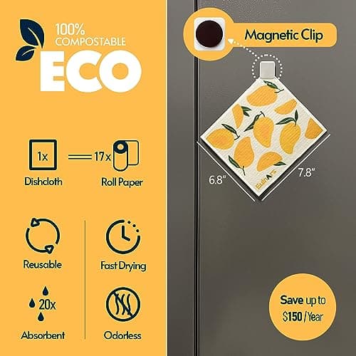 Swedish Dishcloths for Kitchen, 8 Pack Reusable Paper Towels with Clips, Non-Scratch Swedish Kitchen Towels, Super Absorbent Cellulose Sponge Cloths, Dishwasher Safe, No Odor