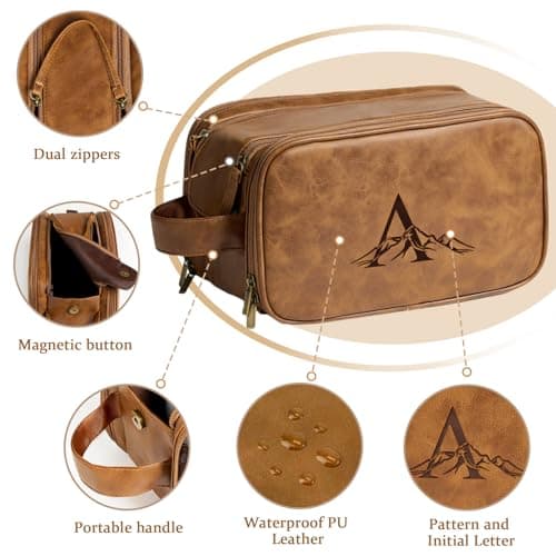 Janhavi Personalized Toiletry Bag for Men, Gifts for Boyfriend, Toiletry Bag For Shower Caddy,Personalized Initials & Mountain, Mens Toiletry Travel Bag, Travel Essentials for Men (Brown J)