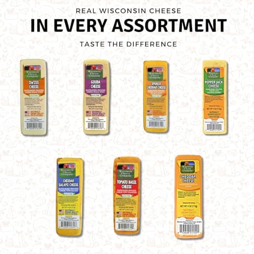 Wisconsin Cheese Company - Specialty 100% Wisconsin Cheese Block Assortment Sampler - (Pack of 7 Blocks) Cheddar, Pepper Jack, Swiss, Gouda, Salami, Smoked Cheddar & Tomato Basil | Locally Sourced | Perfect for Parties, Charcuterie Boards and Birthday Gifts | Great Birthday Gift for Cheese Lovers