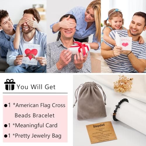 Gifts for Dad New Dad Stepdad Husband, American Flag Cross Beads Bracelet Jewelry Gifts for Father Men from Daughter Son Wife