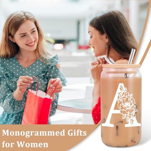 Coolife Initial Glass Cup, Monogrammed Gifts for Women, 16 oz Glass Cups w/Lids Straws, Iced Coffee Smoothie Beer Tumbler w/Straw Lid - Personalized Christmas, Birthday Gifts for Her Mom Friend Woman