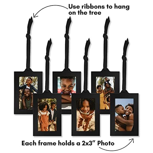 Americanflat Family Tree Picture Frame - Includes 6 Hanging 2x3 Picture Frames - Adjustable Ribbon Tassels - Ideal as Mother’s Day Gifts, Birthday Gifts, or Christmas Decor - Black and Bronze