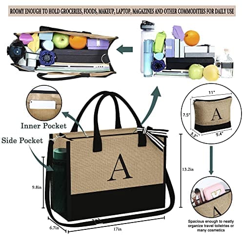 YOOLIFE Personalized Gifts for Women - Initial Jute Tote Bag & Makeup Bag, Birthday Gifts for Women Mom Wife Teacher Friend