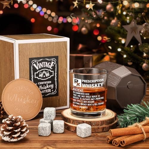 Prescription Whiskey Glass, Funny Rocks Glass & Bourbon Barrel Set for Brother Boyfriend Father Husband Coworker on Christmas & Birthday, White Elephant Cool Gag Gifts for Men