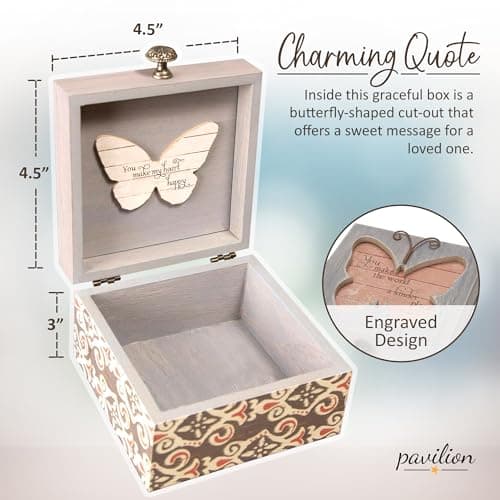 Pavilion 'Simple Spirits Butterfly' 41102 - Wooden Hinged Keepsake Box with Patterned Design and Printed Message for Friends and Loved Ones, Storage for Cosmetic, Trinkets, and Jewelry