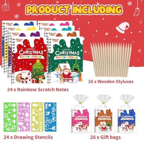 Party Favors for Kids: 24 Pack Christmas Rainbow Scratch Art Notebook Classroom School Supplies Bulk for Girls Boys Goodie Bags Stuffers, Return Gifts for Birthday Party Gift Kid Crafts
