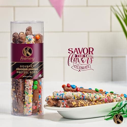 KREMERY Creamy Chocolate Cravings - Holiday Christmas Chocolate Covered Pretzel Rods Gift Basket, in Clear Tube (8 Pretzels, Assorted Sweet Toppings) Xmas Treats Food Arrangement, Kosher