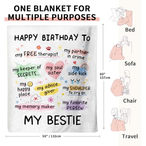 Best Friend Bestie Birthday Gifts for Women, Soft Flannel Blanket, Friend Birthday Gifts for Women Friendship, Happy Bday for Bestie BFF, 50 x 60 inches