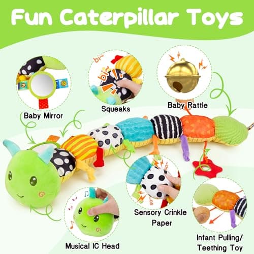 Baby Sensory Toy 0-6 Month Music Animal Stuffed Plush Caterpillar Toy for Infant 0-3-6-12 Month Old Tummy Time with Baby Mirror Crinkle Rattle Carseat Toys for Newborn Boys Girl Shower Gifts