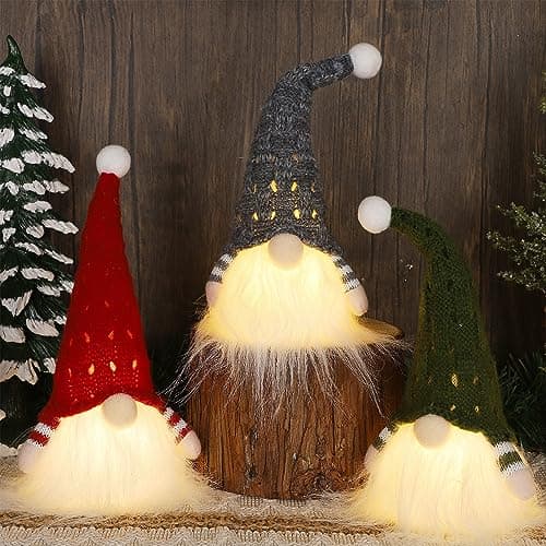 Juegoal Christmas Plush Gnomes, 9 Inch Lighted Handmade Mini gnome Scandinavian, Light Up Swedish Tomte Elf Holiday Present, Battery Operated Xmas Gifts Table Ornaments Dinner Party Supplies, Set of 3