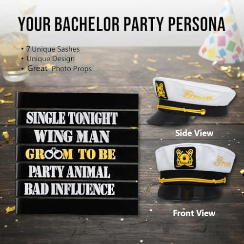 Men's Bachelor Party Decorations Kit with 1 Groom & 6 Groomsmen Belts, Gold Glitter Banner & Captain Hat for Bachelorette Party Supplies & Accessories