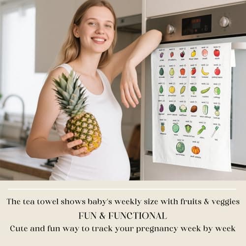 Baby Size Tea Towel - Weekly Baby Growth Tracker In Fruit & Veg First Time Mom To Be Musthave Pregnancy Announcement Congratulation Pregnancy Gift For Expecting Parents Couple Countdown Maternity Gift