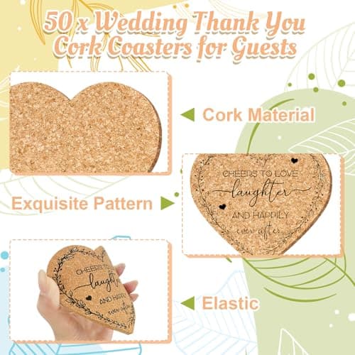 50 Set Wedding Favors Cork Coasters for Guest Heart Shaped Coasters Souvenirs Thank You Cards and Organza Bags Wedding Gifts Bridal Shower Favors for Souvenirs Non-Slip Heat-Resistant Coasters