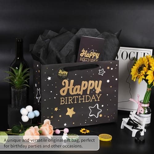 Black Birthday Gift Bag with Tissue Paper and Greeting Card, 13'x10.2'x4.9', Medium (1-Piece Set, Black Starry Sky, Unisex, Includes Card, Ribbon, Crinkle Paper)