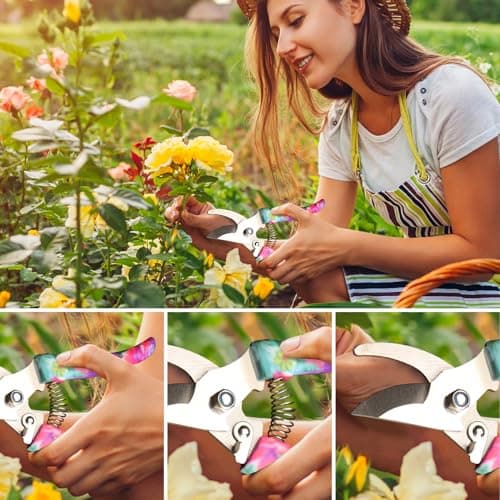 Garden Tools Set, JUMPHIGH 10 Pieces Gardening Tools with Floral Print, Ergonomic Handle Trowel Rake Weeder Pruner Shears Sprayer, Garden Hand Tools with Carrying Case Gardening Gifts for Women Father