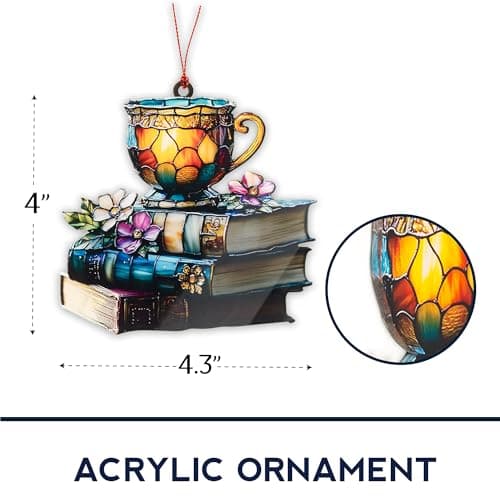 Book Ornament, Tea Books Floral Acrylic Suncatcher, Book Lover Gifts for Women, Christmas Ornaments for Tree, Gift for Readers Friends Coworker, Hanging Literary Decor, Holiday Ornaments