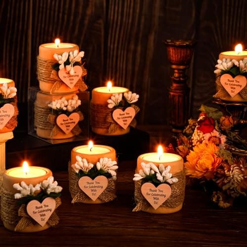 MTLEE 16 Pack Wooden Tealight Candle Holders Kit Guest Gifts for Wedding Baby Shower Bridal Shower Baptism Christening Housewarming Party Handmade Thank You Candle with Card Box Rope(Classic)