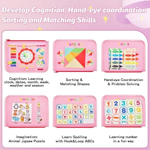 Montessori Busy Board for Toddlers 1-4 Years Old – Sensory Educational Toy for Fine Motor Skills, Travel-Friendly Activity Book, for Boys & Girls, Pink