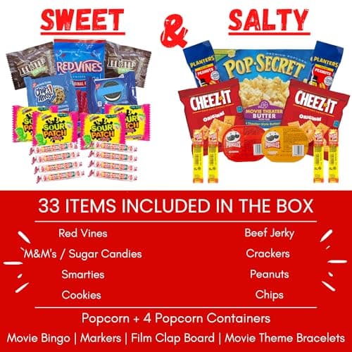 Movie Night Gift Basket – 42-Piece Gift Box with Popcorn, Candy, Snacks & Bingo – Birthdays, Date Night, Family, Kids, Adults, Mom, Dad, Teens, Christmas, Mothers Day, Fathers Day, Raffle & Fundraiser