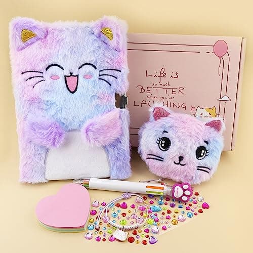 Cat Diary with Lock, Gift for 6 7 8 Year Old Girl, Secret Diary Journal Notebook with Coin Purse, Multicolored Pen, Post-it Note, Stickers, Practical Gift for Birthday (A Happy Cat)