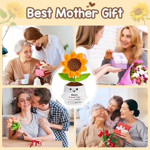 Gifts for Mom, Birthday Gift for Mom, Handmade Crochet Flowers Sunflower for Home Office Desk Decoration, I Love You Gifts for Moms Mama from Daughter Son Kids, Mothers Day, Xmas Present Idea