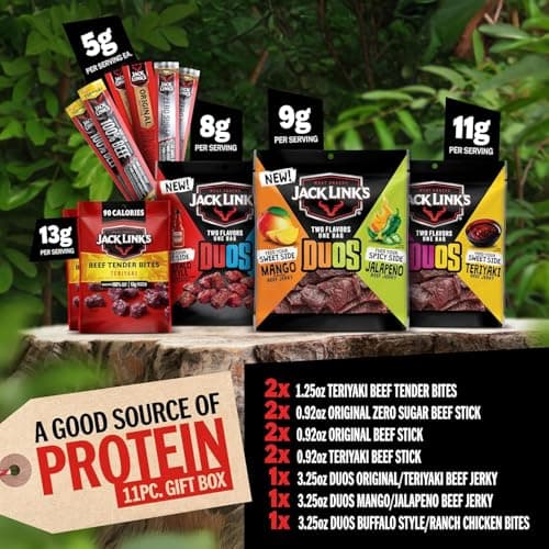 Jack Link’s DUOs Gift Box – Includes Beef Jerky, Chicken & Tender Bites, & Sticks, Great Protein Gifts for Dad, Men or Meat Lovers, Ideal for Holidays & More – 11-Piece Beast Snack Variety Pack
