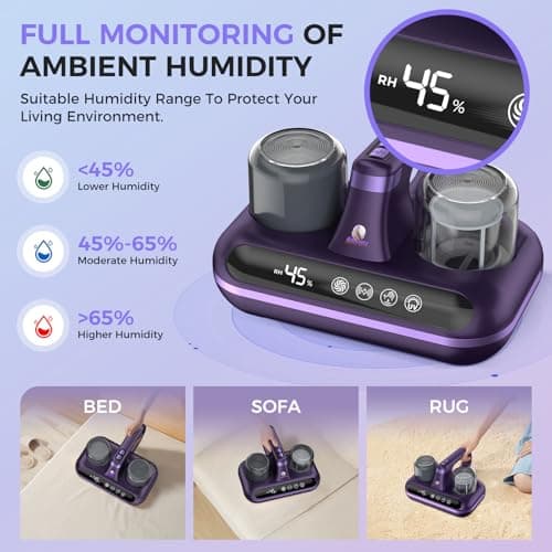 Mattress Vacuum Cleaner - 5-in-1 Cordless Bed Vacuum Cleaner, Powered by UV-C Light & Ultrasonic Technology, 16Kpa Strong Suction,Low Noise,Suitable for Dust, Pet Hair, Etc - Purple