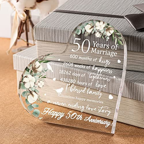 Yulejo Wedding Gift for Her: 50th Anniversary Keepsake Acrylic Heart Decor (White, 15.1 x 15.1 x 1.4 cm / 5.9 x 5.9 x 0.55 inches)
