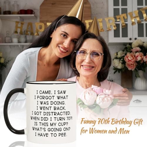 Shqiueos Funny 70th Birthday Gifts for Women Men Mug 11oz, 70 Year Old Birthday Gifts for Her Him, Happy 70th Bday Gift Idea for Mom Dad Grandpa Grandma, 1955 Birthday Gift Decorations Coffee Cup