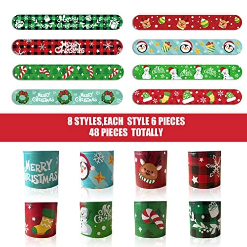 CCINEE 48Pcs Christmas Slap Bracelets，Xmas Slap Wristbands Assorted Pattern Snap Wristbands for Kids Christmas Party Favors Gift Bag Filler