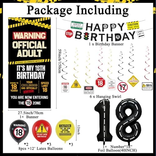 Roetyce 18th Birthday Decorations for Boys Girls, Caution Logos Happy 18th Birthday Banner Backdrop Balloons Hanging Swirls Kit, 18 Years Old Party Yard Door Wall Cover Background