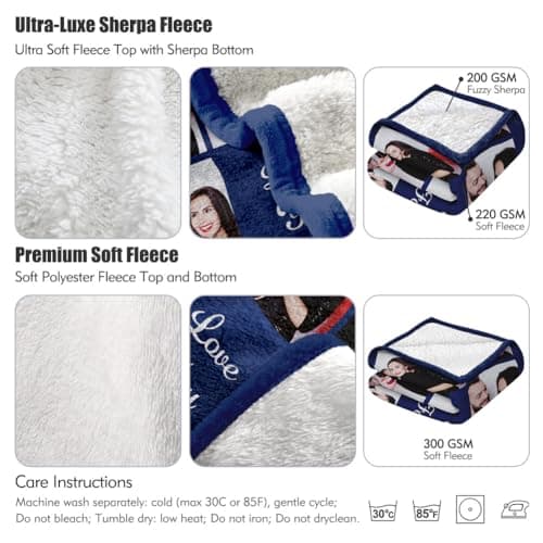 Sherpa Fleece Custom Photo Blanket - Soft, Warm, Personalized Couples Gifts for Boyfriend, Girlfriend - Customized Picture Blanket for Birthday, Christmas