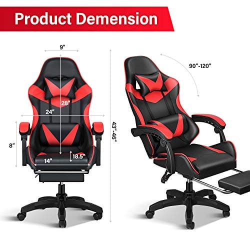 Gaming Chair, Backrest and Seat Height Adjustable Swivel Recliner Racing Office Computer Ergonomic Video Game Chair with Footrest and Lumbar Support, Red/Black