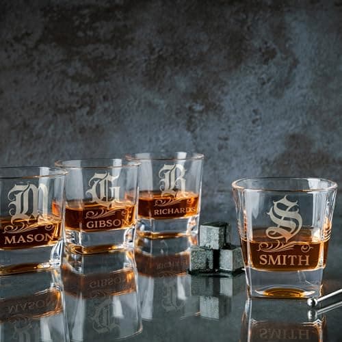 Amazing Items Set of 4 - Personalized Whiskey Glasses w/Name & Initial - 9 Designs - 9 oz, Limited Edition Monogrammed Rocks Glasses for Men, Dad Gifts
