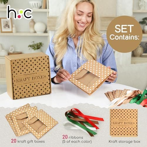 Brown Kraft Cookie Boxes with Ribbons & Window (20 Pack) 8.3 x 6 x 2.8” Food Grade Cardboard Bakery Gift Boxes for Christmas Gift Giving, Baked Goods, Candy Treats, Decorative Holiday Packaging, Empty