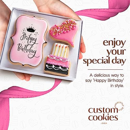 Happy Birthday Gift Basket Custom Sugar Cookies - Happy Birthday Cookies in Gift Box, Hand Decorated Kosher Treats for Women, Her, Wife - Bakery & Dessert Gifts as a Birthday Cake