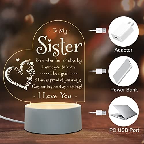 Afterprints Sister Gifts - to My Sister Night Light, Sister Birthday Gifts, Sisters Gifts from Sister Brother on Graduation, Wedding, Christmas, Engraved Night Lamp