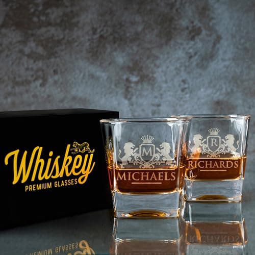 Amazing Items Set of 4 - Personalized Whiskey Glasses w/Name & Initial - 9 Designs - 9 oz, Limited Edition Monogrammed Rocks Glasses for Men, Dad Gifts