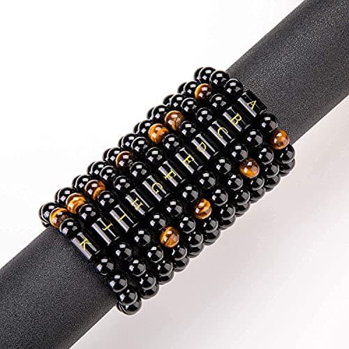FRG Initials Bracelets for Men Letter Link Handmade Natural Black Onyx Tiger Eye Stone Beads Braided Rope Meaningful Bracelet