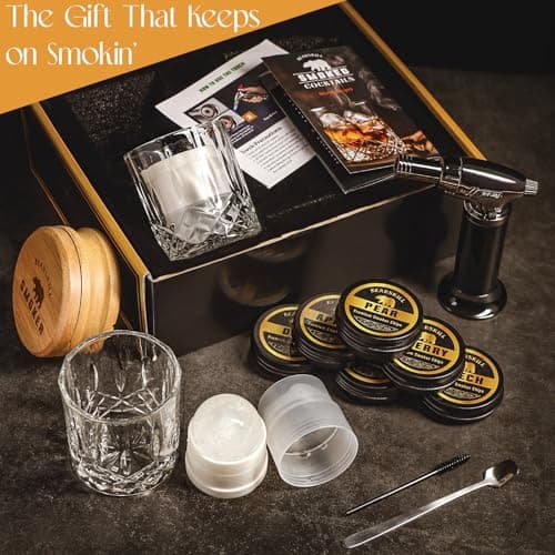 Whiskey Smoker Kit with Torch - 6 Natural Wood Chips Flavors, 2 Glasses, 2 Ice Molds - Cocktail Smoker Infuser Kit, Old Fashioned Smoker Kit, Birthday Bourbon Whiskey Gifts for Men, Dad(No Butane)