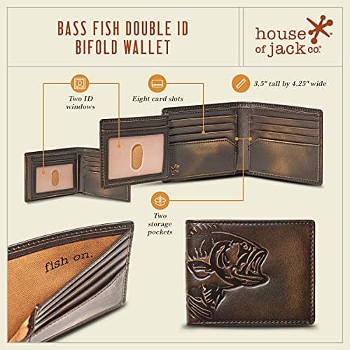 House of Jack Co. Bass Fish Bifold Wallet for Men and Outdoorsmen with Two ID Windows, Full Grain Cowhide Leather Wallet, Black