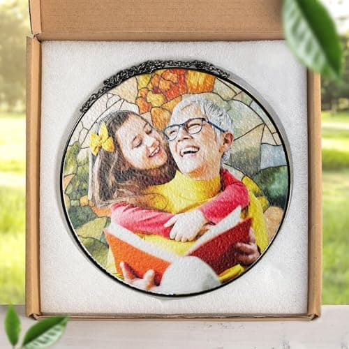 LOVELYPOD Personalized Grandma Stained Glass Sun Catcher, Photo Family Portrait Faux Window Hanging Ornament, Custom Photo Gift, Grandma Gifts, for Mom, Christmas Ornament