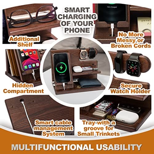 TESLYAR Wood Phone Docking Station for Men - Desktop or Nightstand Organizer - Birthday Gifts for Men, Dad - Anniversary Idea from Wife - Key Holder, Stand Wallet, Watch & Essentials (Bourbon Brown)